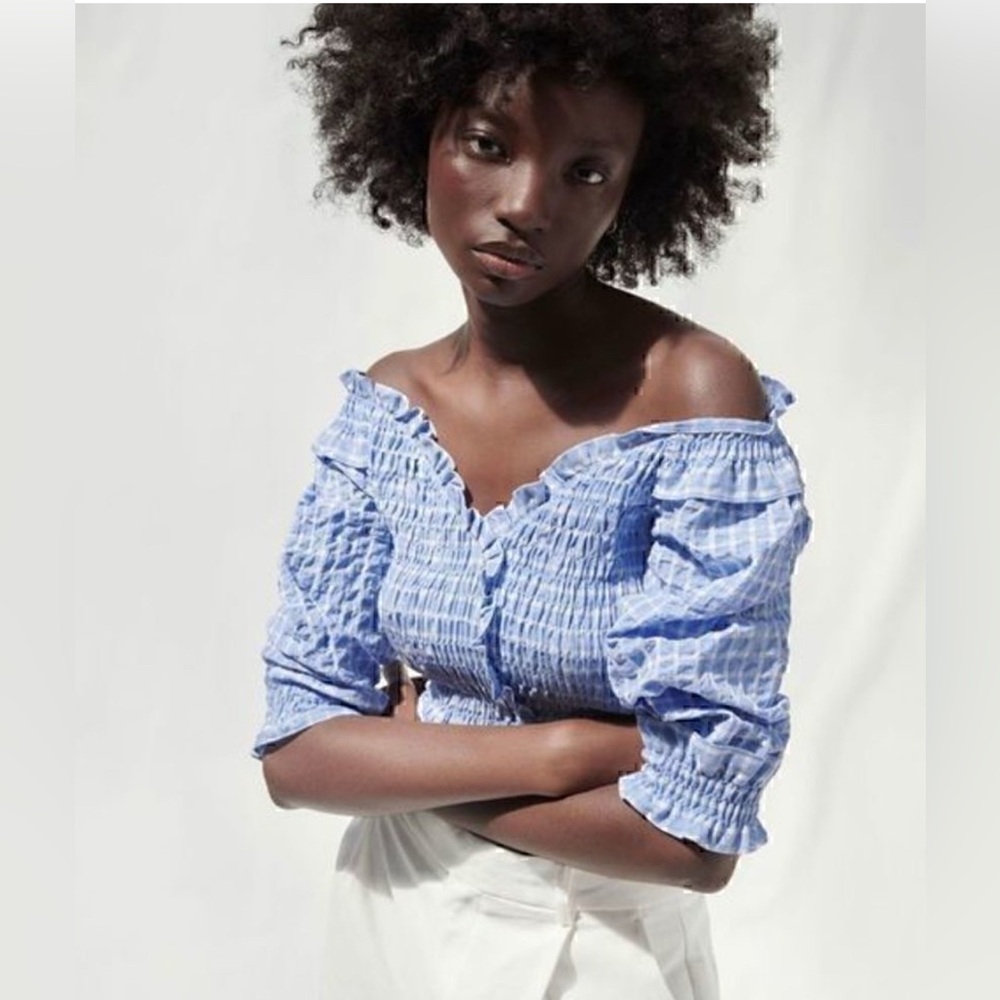 Zara Off the Shoulder Gingham Crop Top